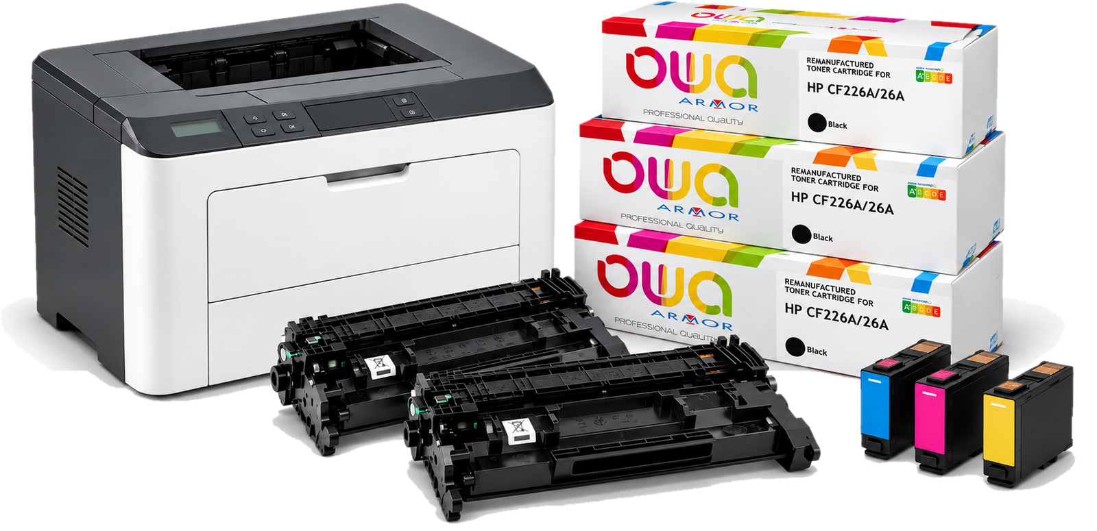 Office laser printer with OWA toner cartridge boxes and ink cartridges